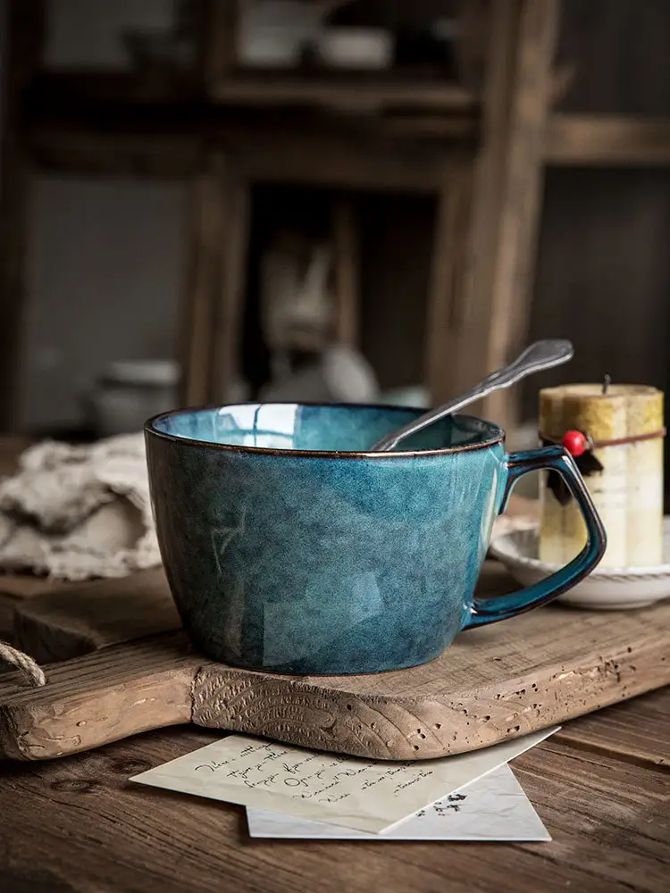 Retro Blue Ceramic Bowl Cup Large Cup