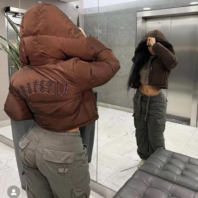 Contrast Color Letter Embroidery Short Cotton Coat Female Ins All matching Women's Wear New Hooded Zipper Coat Female Brown - Shop at LoveMi