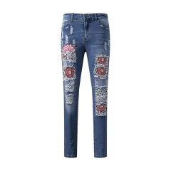 Ripped Jeans Women's Ethnic Style High Waist - Sky Blue - View 1