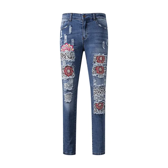 Ripped Jeans Women's Ethnic Style High Waist Sky Blue - Shop at LoveMi