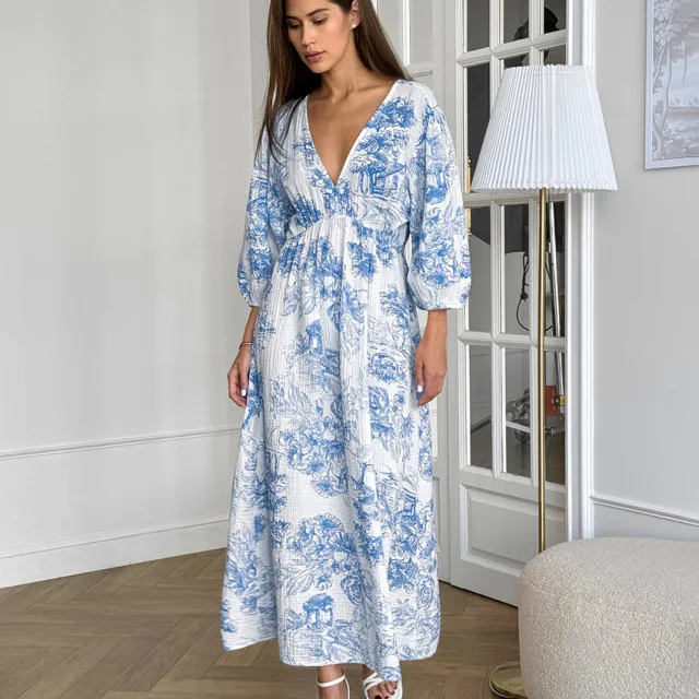 Elegant V neck Lantern Sleeve All matching Printed Dress Blue - Shop at LoveMi