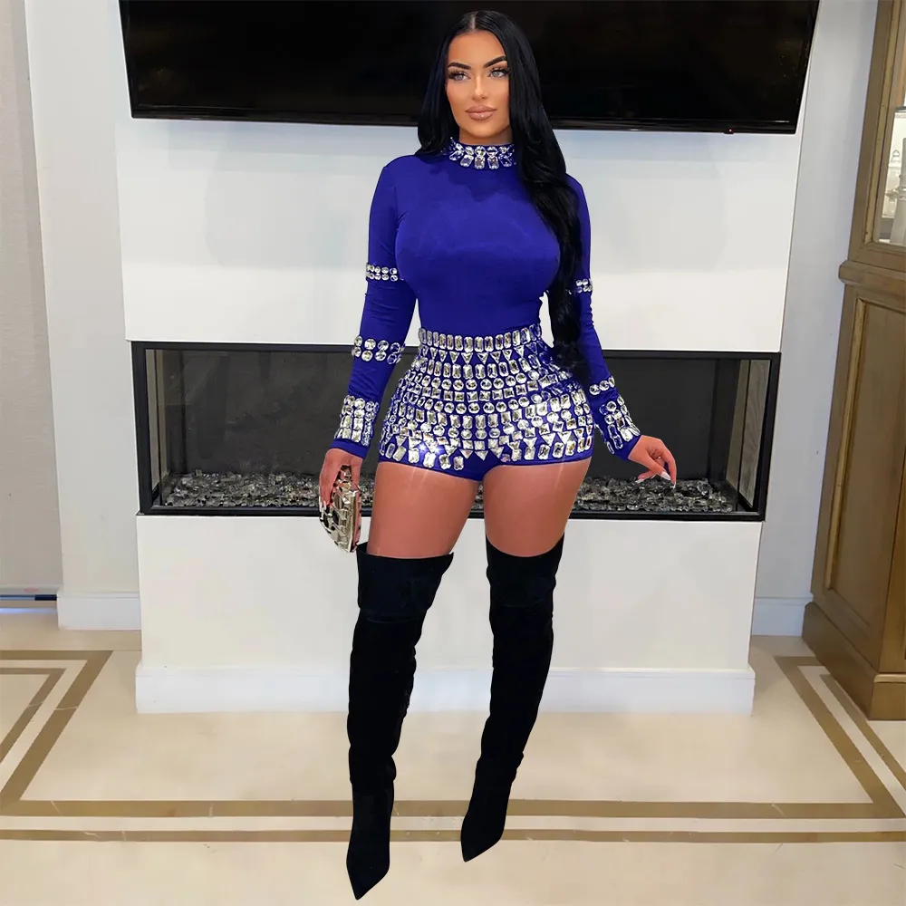 Fashion Rhinestone Slim Fit Bodysuit Women - Blue