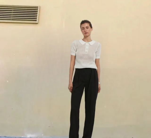 European And American Short Sleeve Lapel Hollow See through Knitwear Solid Color And V neck White - Shop at LoveMi
