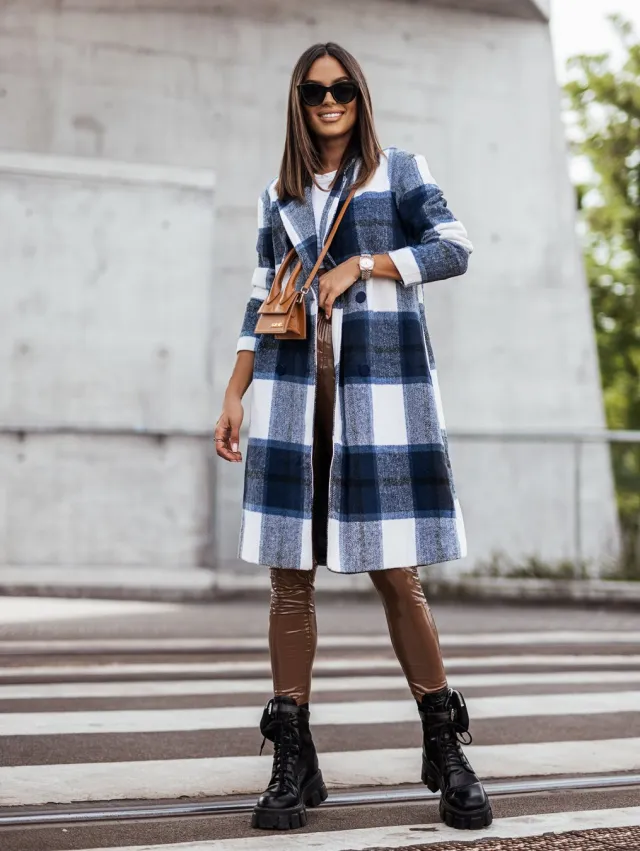 European And American Fall Winter Fashion Brushed Mid length Plaid Wool Coat Blue - Shop at LoveMi