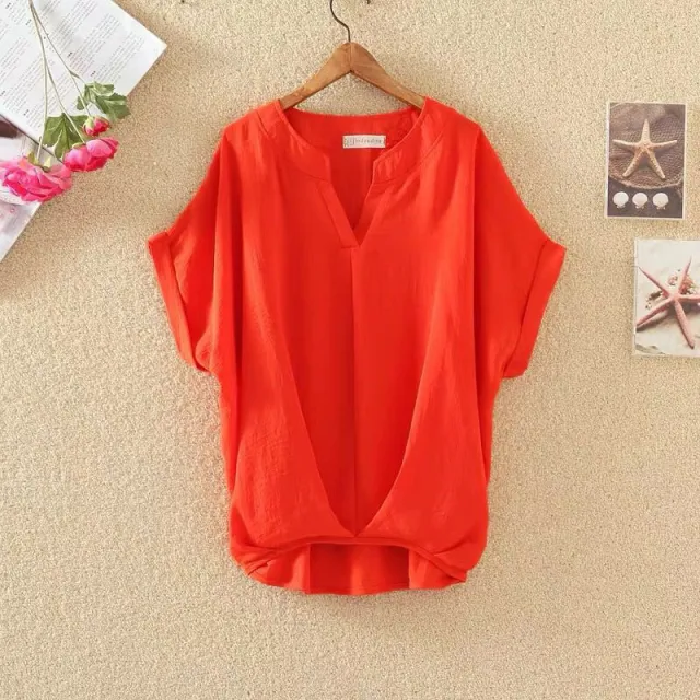Solid Color And V neck Batwing Sleeve Top Loose Slimming Cotton And Linen Shirt Orange Red - Shop at LoveMi