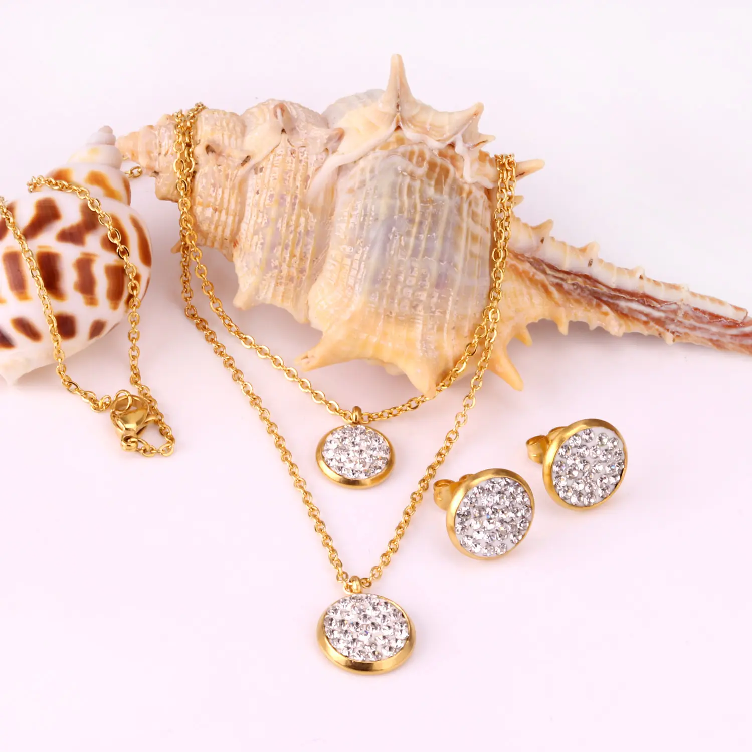 White Mud Pendant Double Chain Gold Stainless