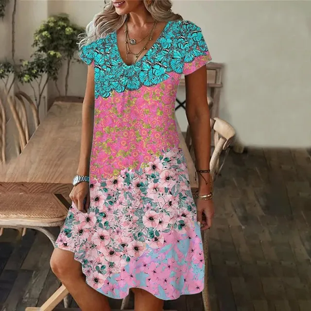 European And American Women's Clothing Pullover V neck Short Sleeve Casual Loose Print Dress Color - Shop at LoveMi