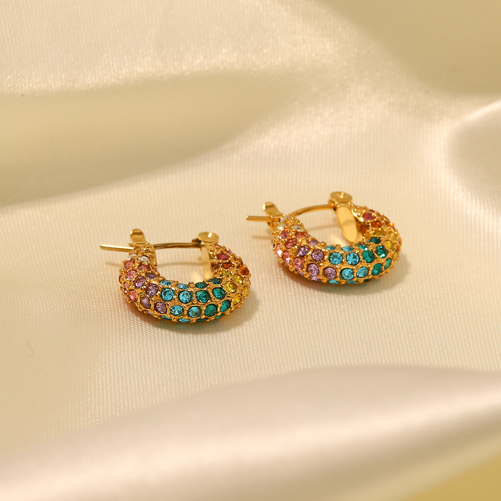 Ins18K Gold-plated Dense Inlaid Colorful Full Diamond Earrings Design Sense