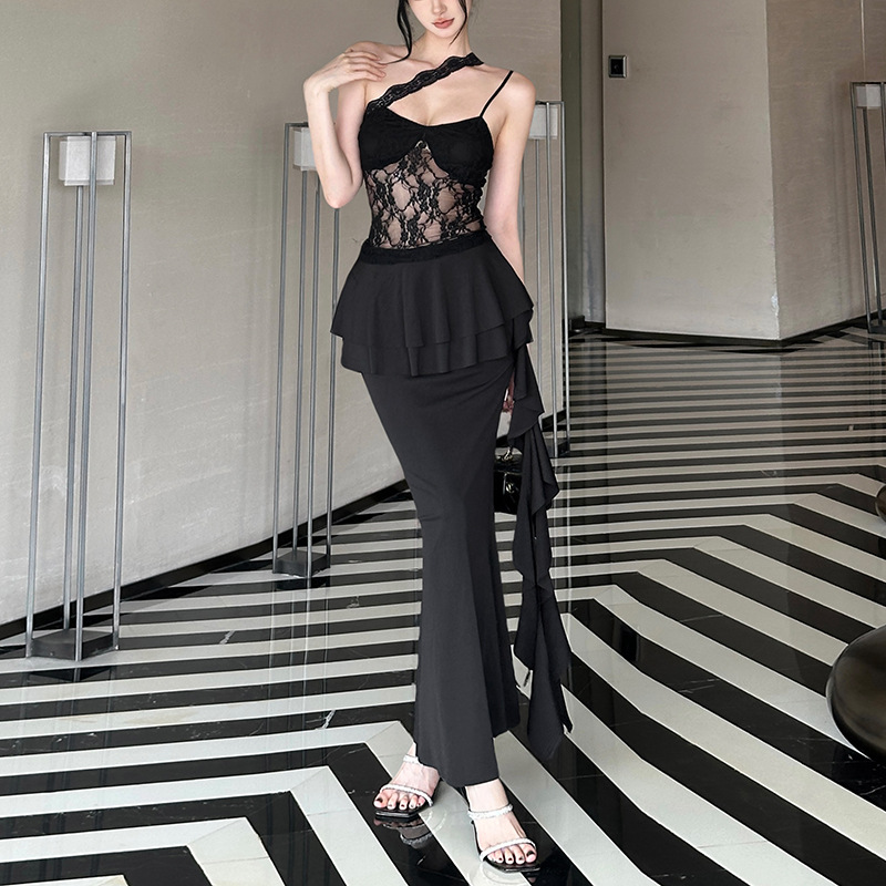 Sexy Lace Cutout Vest Design Ruffled Skirt Two-piece Set