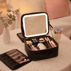 Multifunctional Partition Portable Waterproof Large Capacity Led Mirror Cosmetic Bag - Black - View 1