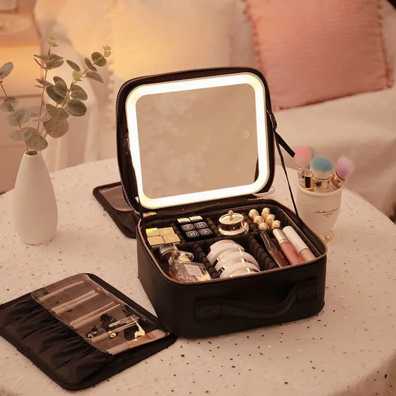 Multifunctional Partition Portable Waterproof Large Capacity Led Mirror Cosmetic Bag - Black