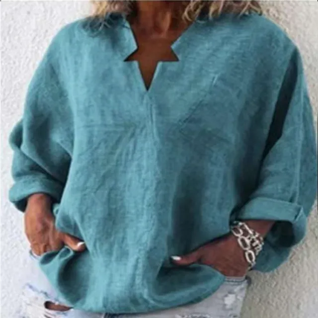 Solid Color Cotton And Linen Plus Size Long Sleeve Pullover Urban Leisure Mid length V neck Shirt Blue - Shop at LoveMi