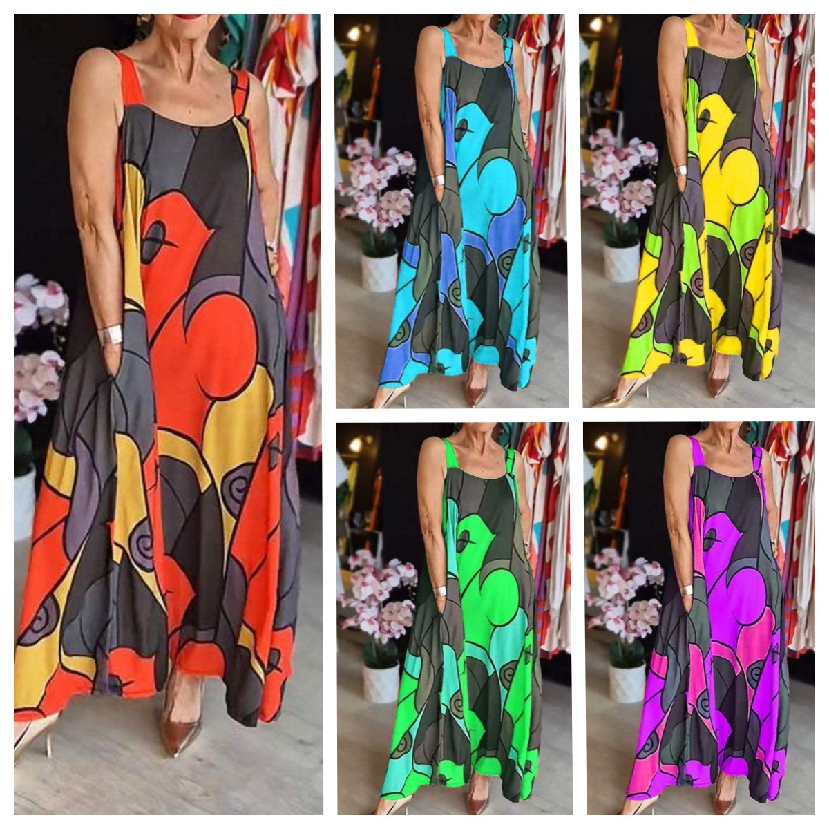 Casual Style Sleeveless Strap With Pockets Geometric Print Dress