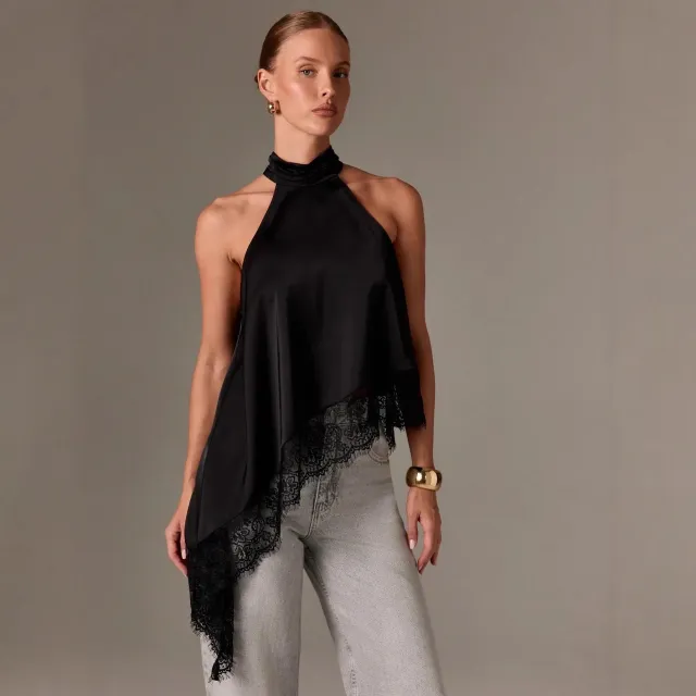Womens Sleeveless Lace Trimmed Asymmetrical Halterneck Satin Vest Black - Shop at LoveMi