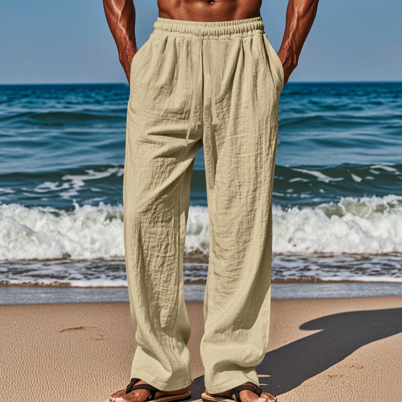 Independent Site European And American Men's Linen Mid-Waist Solid Color With Drawstring