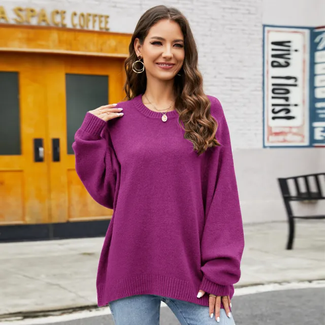 Idle Style Autumn And Winter Loose Design Base Ride Round Neck Sweater Purple - Shop at LoveMi