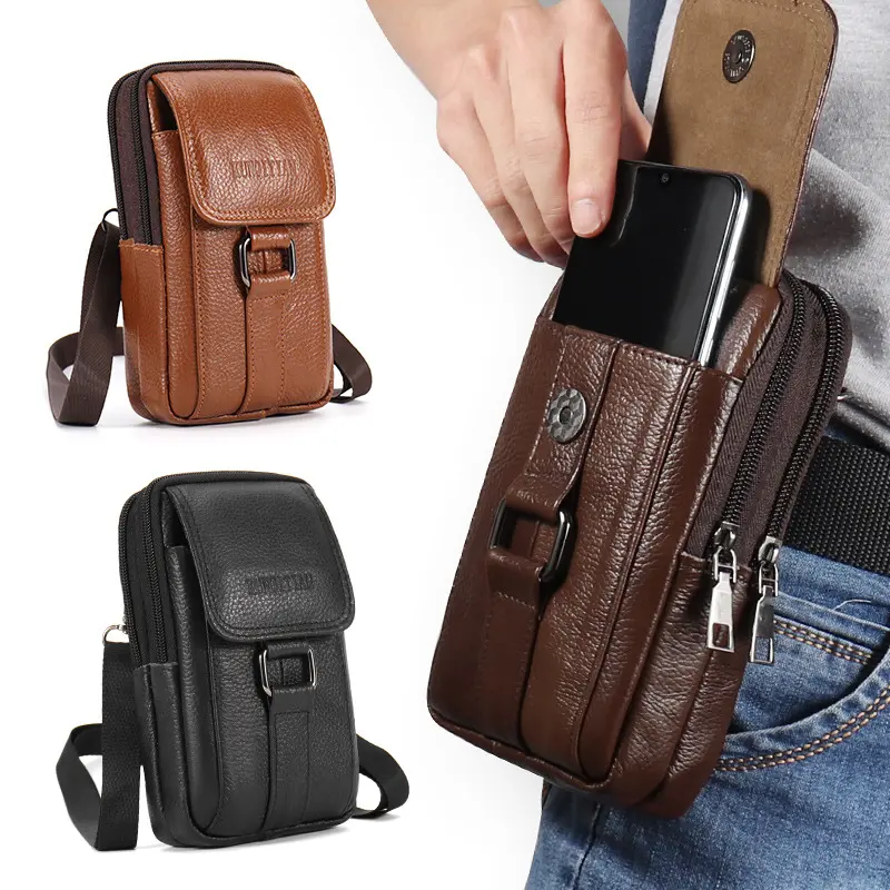 Leather Men's Mobile Phone Bag Multifunctional Waist