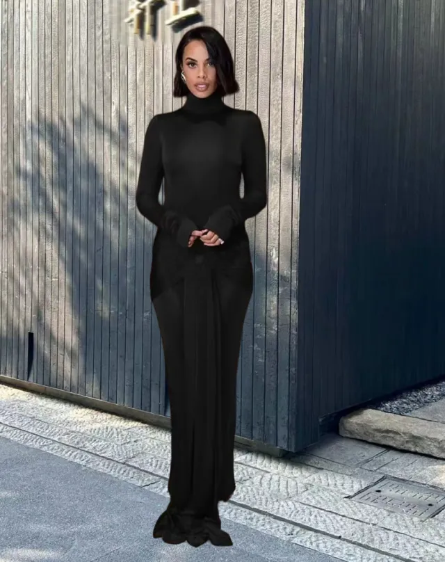 High Collar Solid Color European And American High end Lace up Design Dress Black - Shop at LoveMi