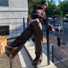 Retro Brown Pu Leather Waist Super Soft Brown Wide Leg Pants Maillard Wear - Floral Brown Lengthened - View 1