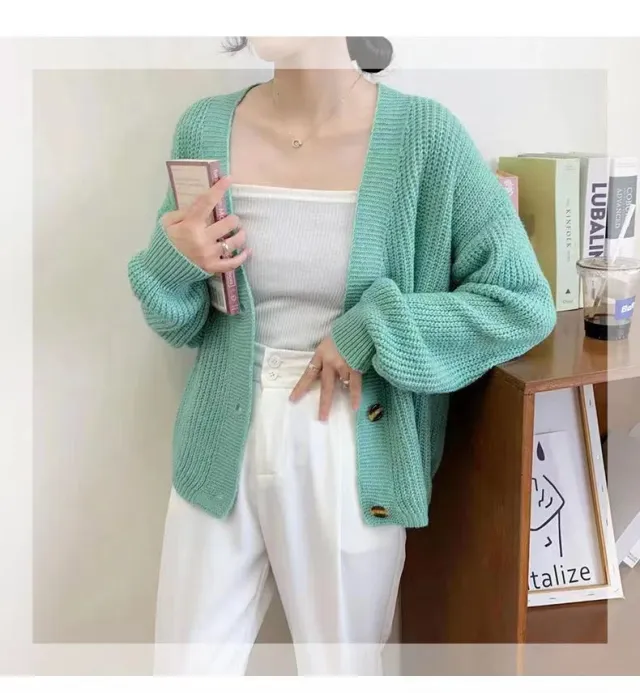 V neck Loose And Lazy Style Base Knitting Cardigan Women's Top Bean Green - Shop at LoveMi