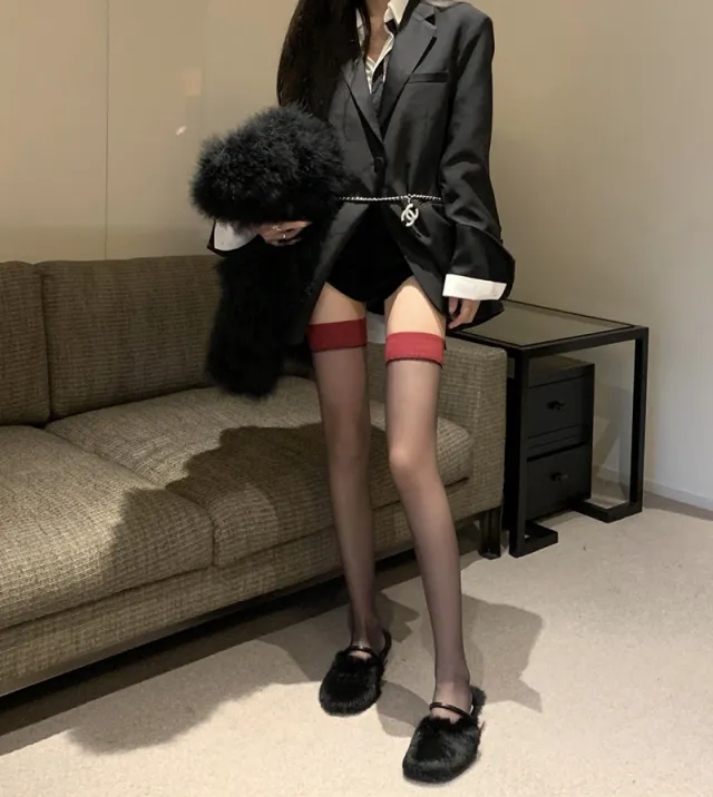 Over the knee Vertical Line Stockings Sexy High Black Silk Red Edge - Shop at LoveMi