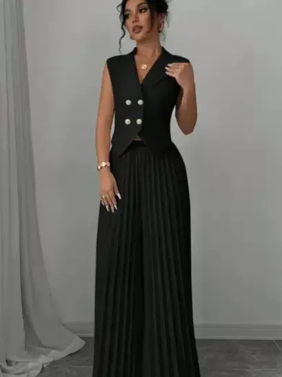 Vest And Pleated Skirt Pants Set For Women Black - Shop at LoveMi