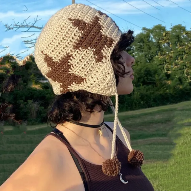 Star Hat Hand woven Earmuffs Hat Fur Ball Pendant Light Coffee Beige Hat - Shop at LoveMi