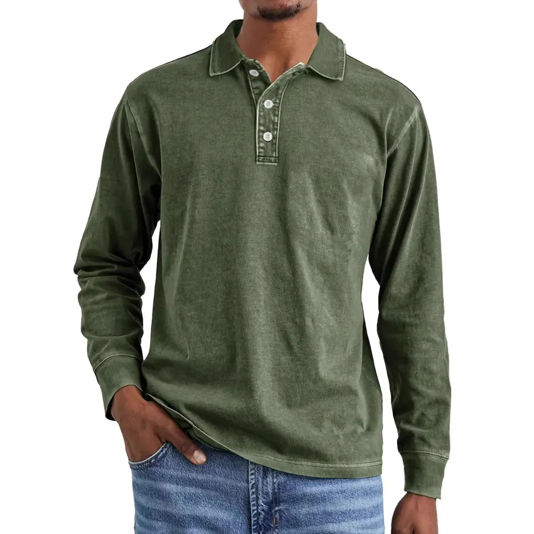 Retro Washed Distressed Cotton Lapel Long Sleeve Polo Shirt