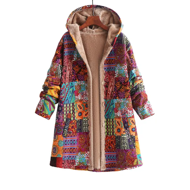 Cotton And Linen Printed Hoodie Warm Plush Coat Ginger Yellow - Shop at LoveMi