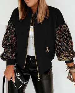Women's New Colorful Sequin Stitching Long-sleeved Coat - Black - View 1