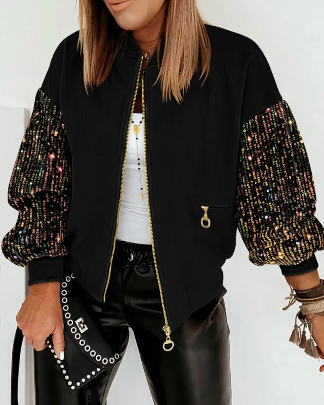 Women's New Colorful Sequin Stitching Long sleeved Coat Black - Shop at LoveMi