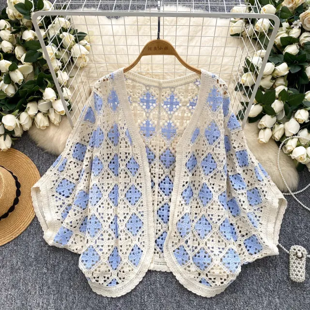 Coat Women's Hollow Crocheted Knitted Batwing Sleeve Top Shawl Blue - Shop at LoveMi