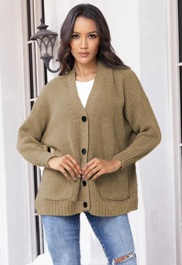 V neck Loose Button Pocket Cardigan Cross border Sweater Khaki - Shop at LoveMi
