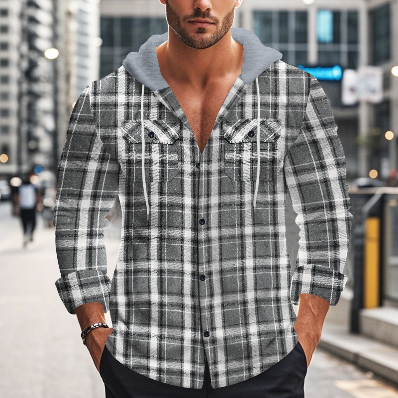 Men Flap Pocket Drawstring Hooded Plaid Shirt