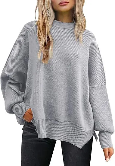 Thick Needle Side Slit Sweater Round Neck Loose Solid Color Batwing Long Sleeve Sweater For Women Gray - Shop at LoveMi