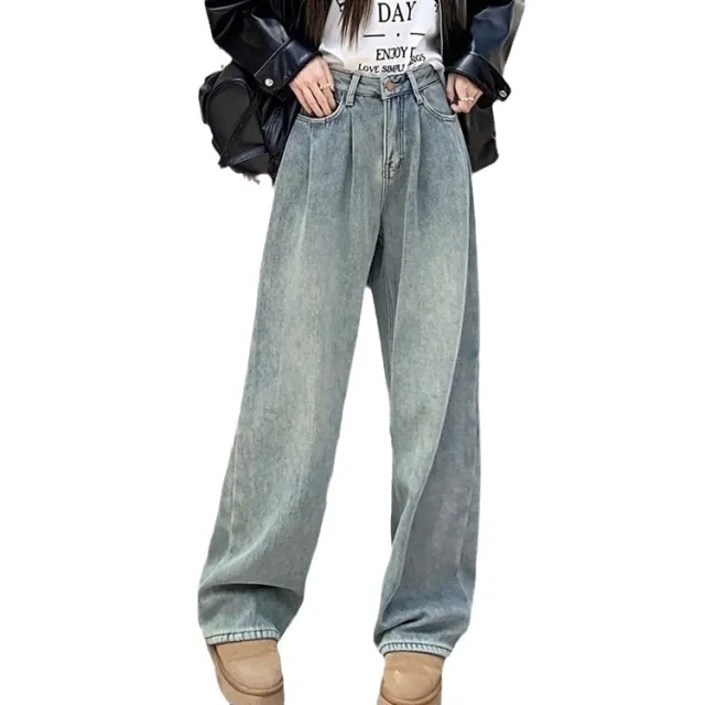 Light Blue High Waist Slimming And Straight Versatile Mop Pants Blue, Fleece Lining - Shop at LoveMi
