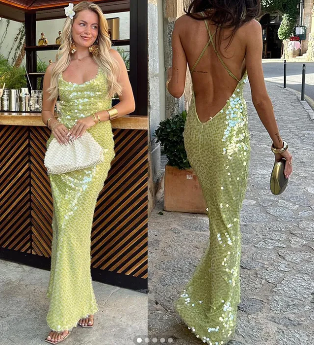 Sling Slim fit Sequined Backless Long Dress Skirt Sexy Pure Desire Green - Shop at LoveMi
