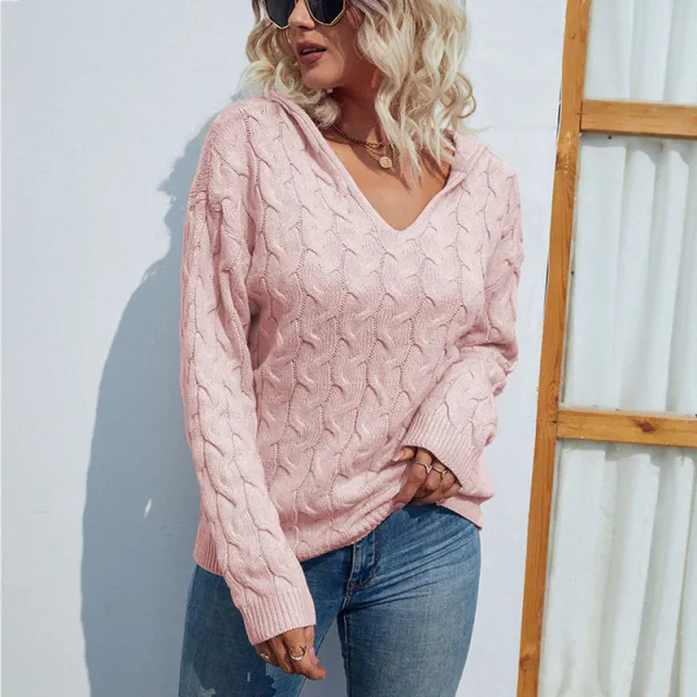 Solid Color And V neck Hooded Sweater Cable Knit Pink - Shop at LoveMi