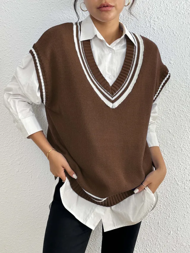 Environment European And American Women's Clothing Color Matching Casual Wool Vest Sweater Coffee - Shop at LoveMi