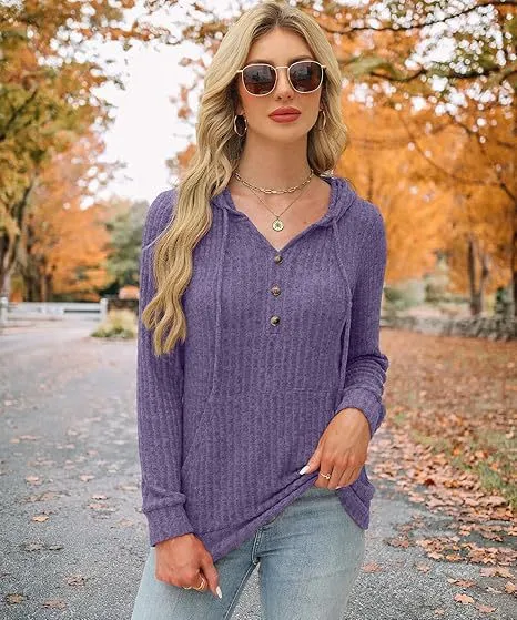 Solid Color Long Sleeve Hoodie Brushed Bedford Cord Sweater Purple - Shop at LoveMi