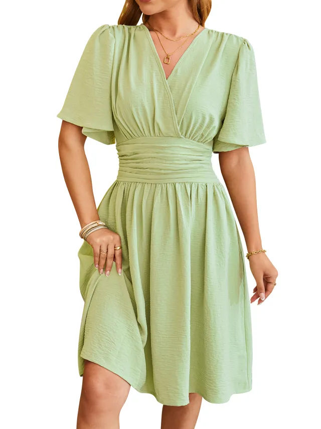 V neck Fitted Waist Flare sleeve Fashion Dress Women Green - Shop at LoveMi