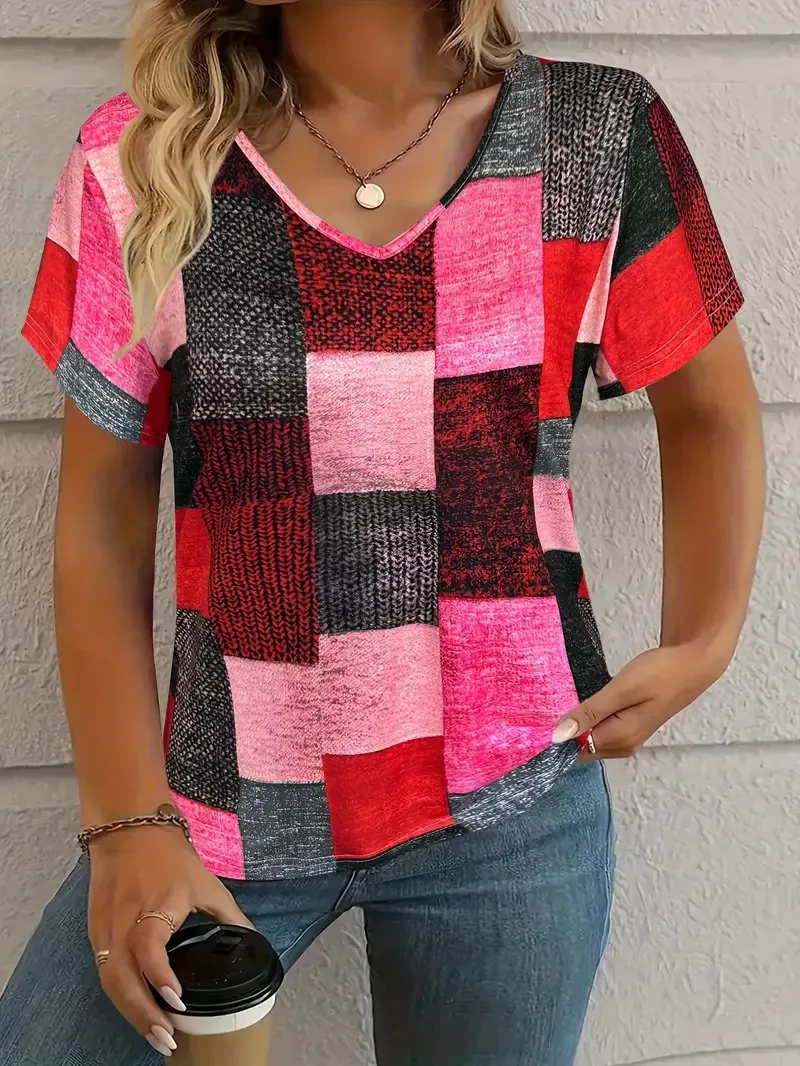 Casual All-matching Square Pattern Short Sleeve - Vt78545677-6Xl