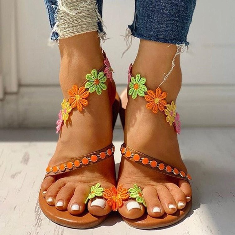 Casual Floral Diamond-Embellished Womens Sandals