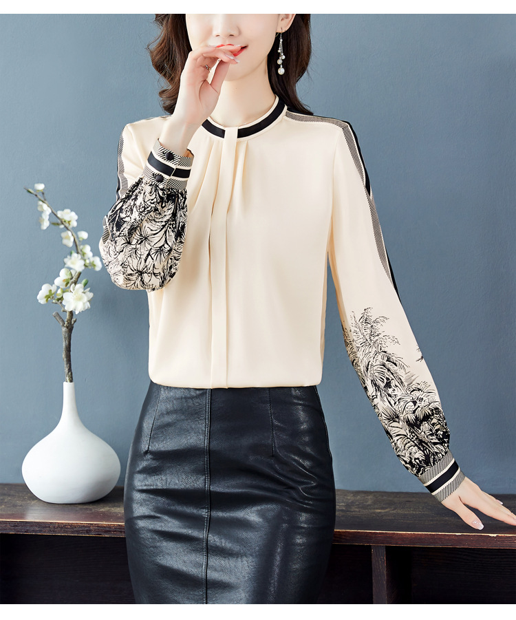 Women's Spring Clothing Versatile Slimming Temperament Printed Mulberry Silk Satin Shirt Long Sleeve