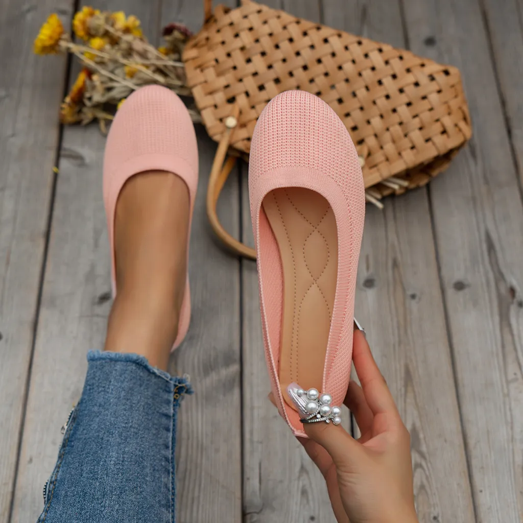 Round Toe Flats Shoes Casual Comfortable Soft Slip On Knit Mesh Shoes For Women - Pink