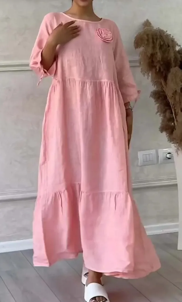 Women's Round Neck Pleated Long Sleeve Casual Dress Pink - Shop at LoveMi