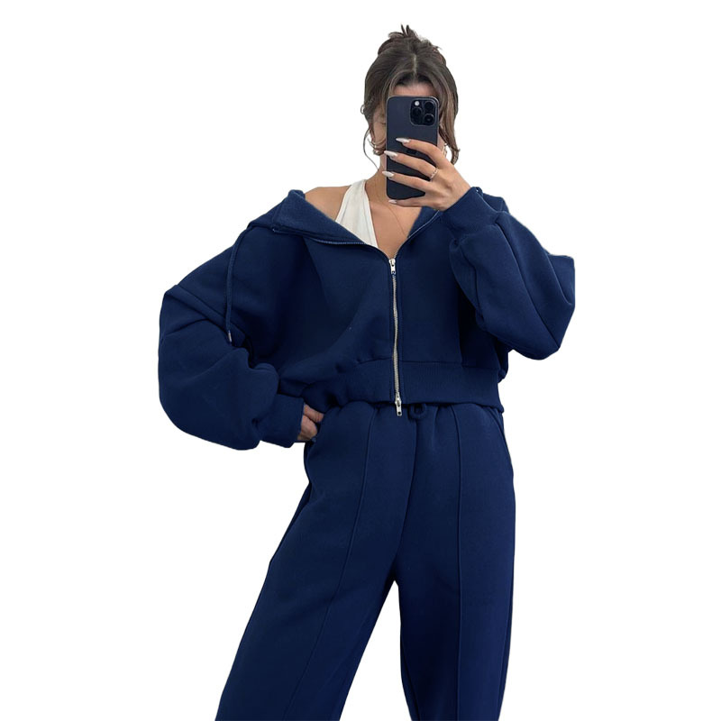 European And American Solid Color Hooded Cardigan Sweaters Women's Clothing Two piece Fashion Casual Sweatpants Suit Blue - Shop at LoveMi