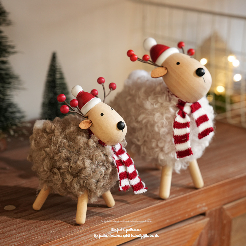 Christmas wooden scarf lamb ornament (woolen bell lamb)