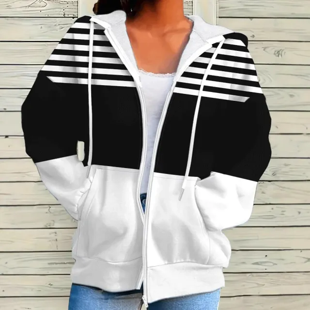 Casual Striped Contrast Color Zipper Hooded Sweater Black - Shop at LoveMi