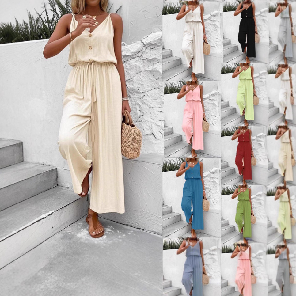 Solid-color Buttoned Suspender Wide-leg Pants Elastic-waist Jumpsuit